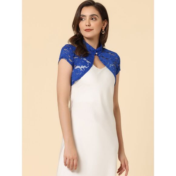 Lace Cardigan Stand Collar Short Sleeve Shrug Royal Blue - Picture 3 of 5